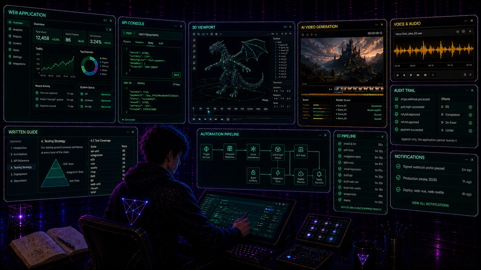 Stylised workstation showing the range of work: a web application dashboard, an API console, a 3D viewport with a rigged character, AI video generation, an automation pipeline, a CI pipeline and an append-only audit trail