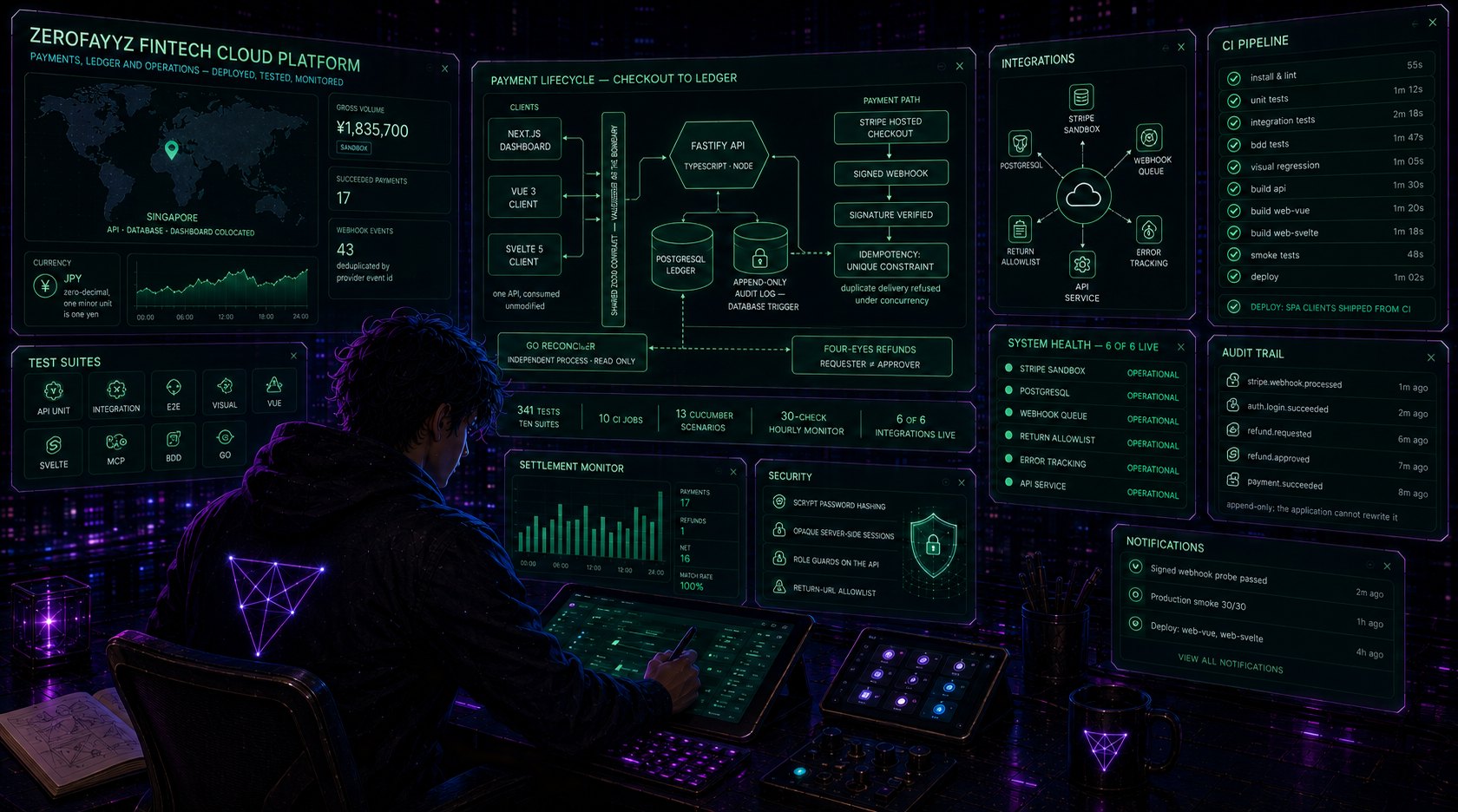 Stylised operations console for the ZEROFAYYZ FINTECH platform: payment lifecycle from checkout to ledger, test suites, CI pipeline, system health and audit trail