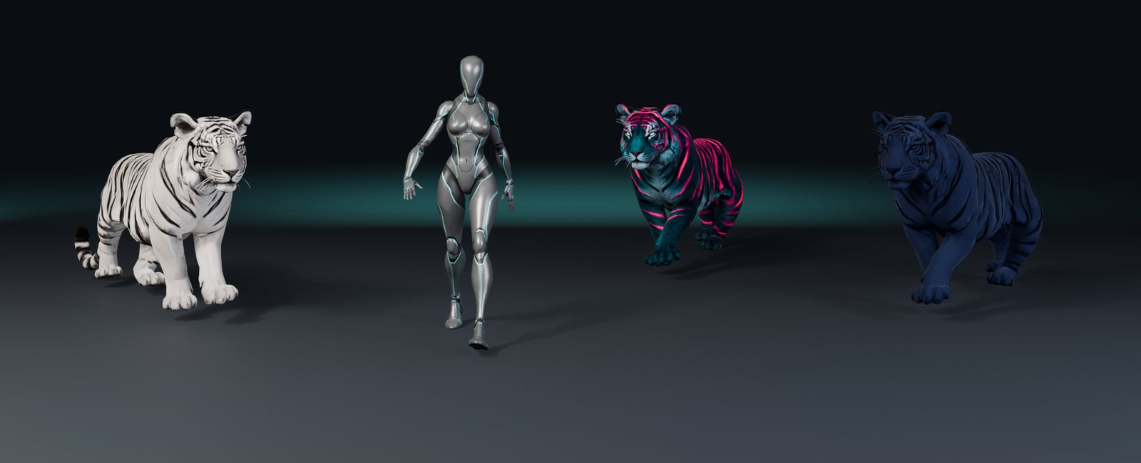 The Rig Proof sample kit rendered in Blender: the Sentinel biped and a tiger in white, pink and cyan, and blue skins